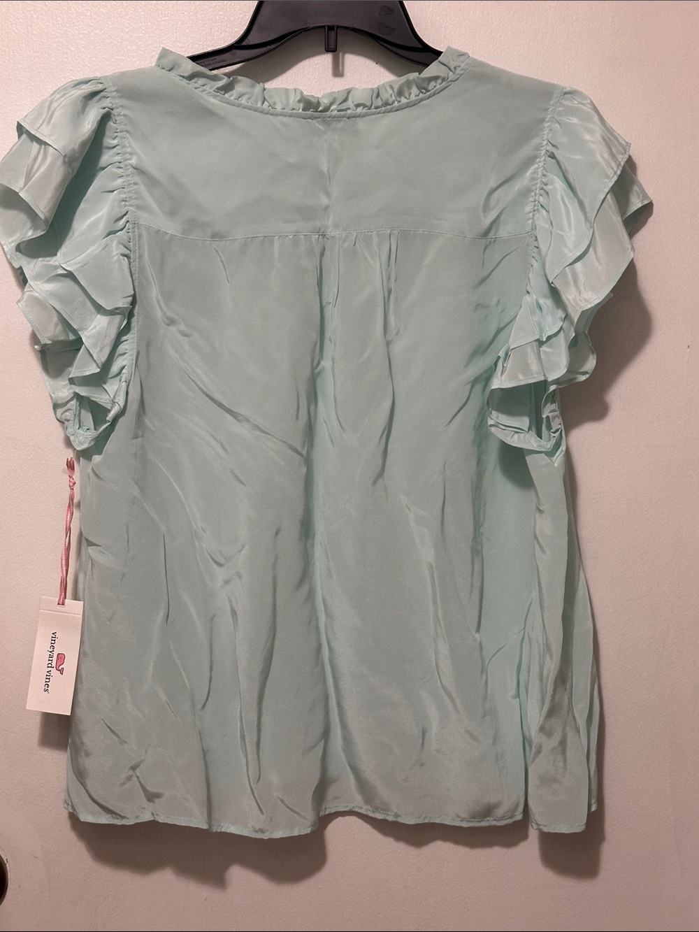 NWT vineyard vines silk Light Aqua Ruffle Sleeve Tie-Neck Womens Top - Picture 4 of 4